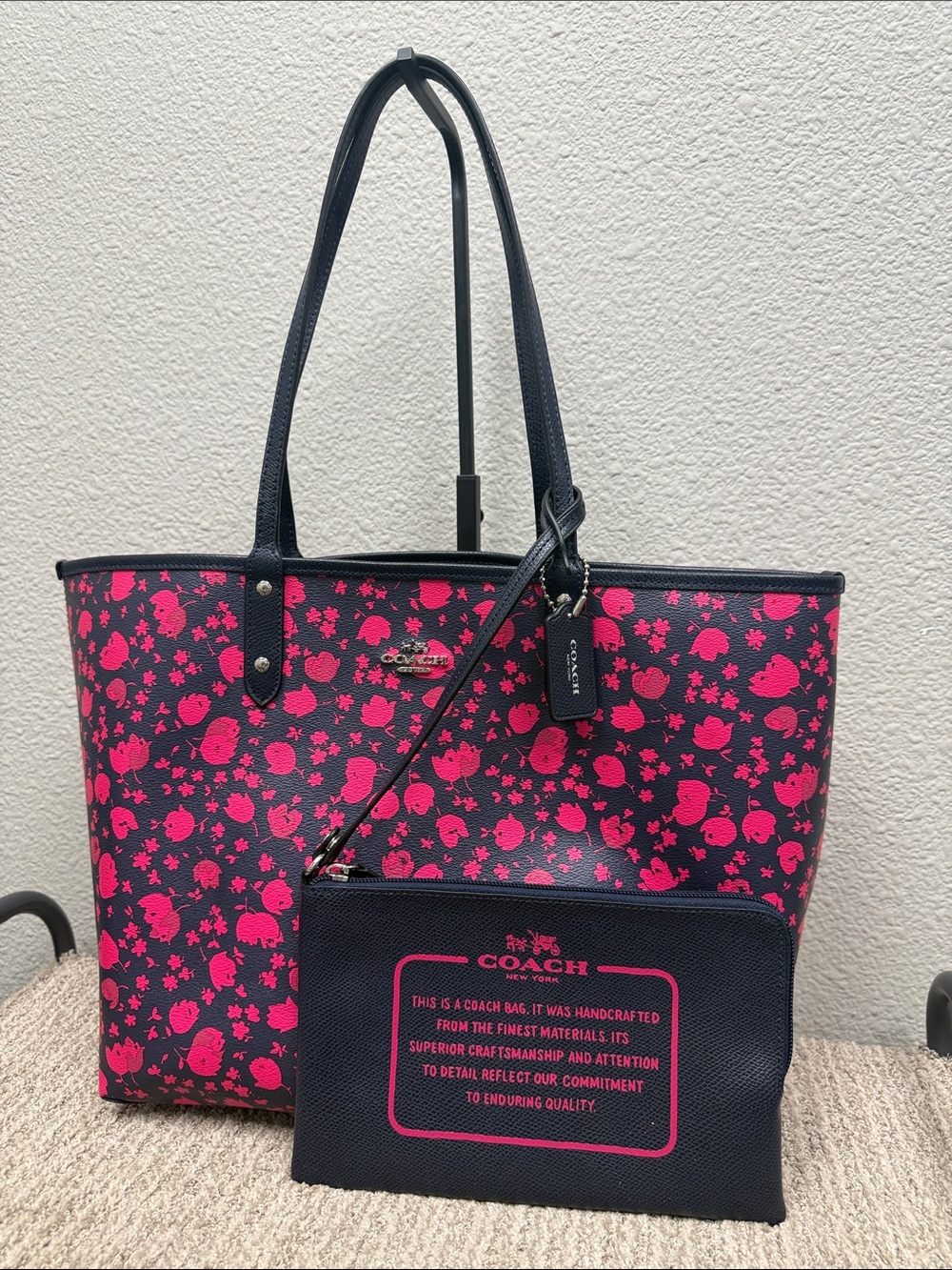 Coach Reversible Dark Navy City Tote with Hot Pink Floral Print and Pouch-NWOT